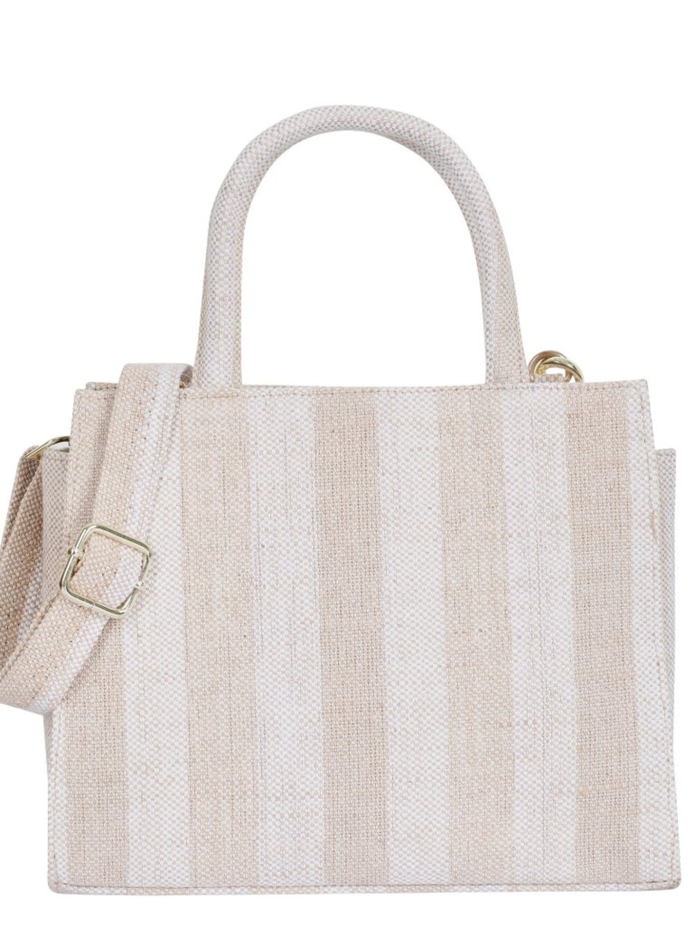 Women Fabric Top Handle Handbag –Taupe Striped Canvas Crossbody Sling Tote Bag